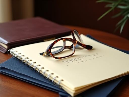 Close up of legal documents, a pen, and glasses on a dark wood desk