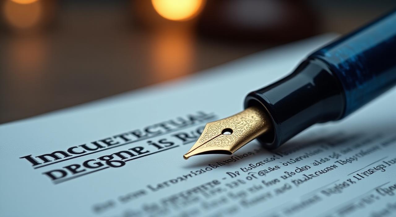 Close up of a legal professional reviewing a complex commercial contract with a magnifying glass over intellectual property clauses